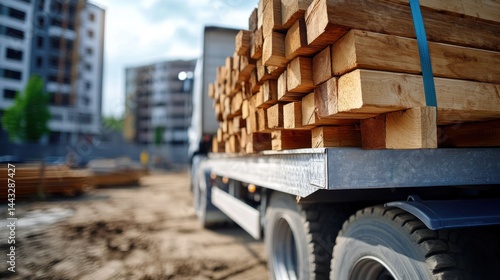 Truck carrying lumber at a construction site, lumber delivery for new building project.