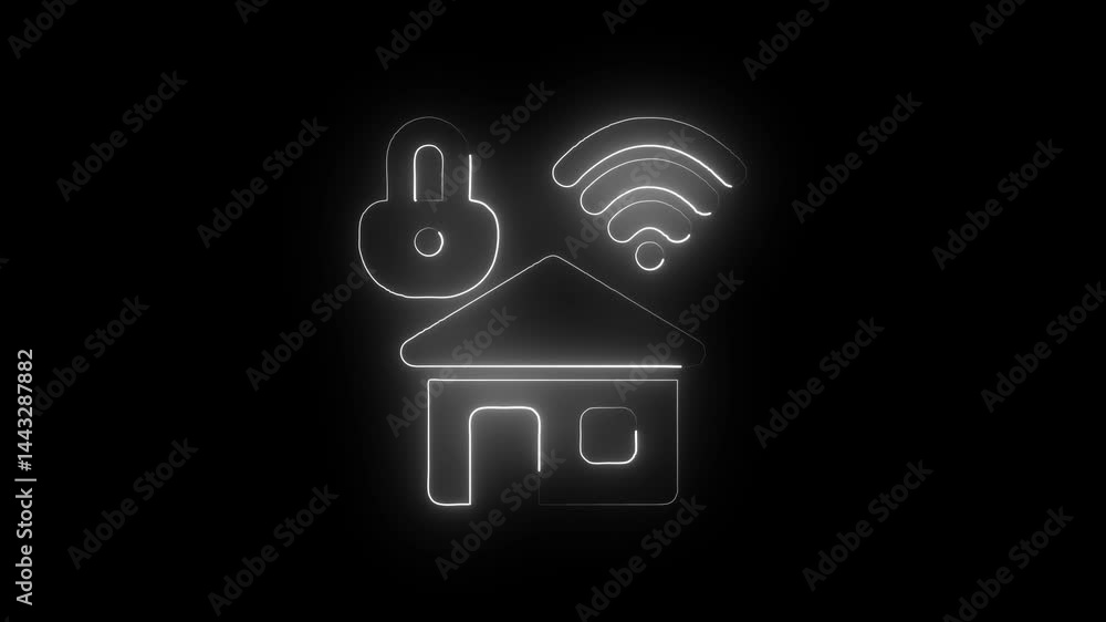 Glowing neon home-security icon isolated on black background. HD Video motion graphic animation Glowing neon home-security icon isolated on black background. HD Video motion graphic animation