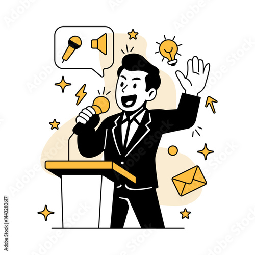 Vector illustration of a businessman speaking confidently at a conference podium with a microphone, representing public speaking, leadership, and business communication.