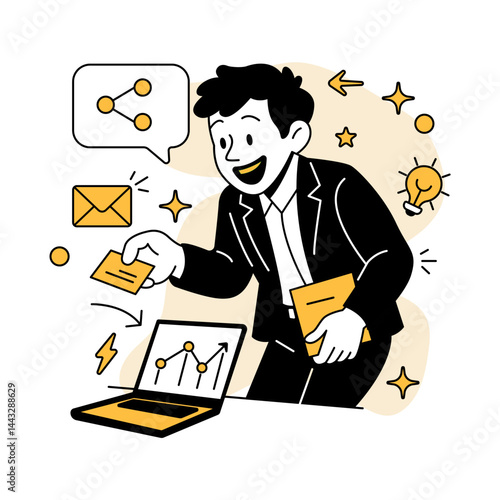Vector illustration of a businessman networking with business cards, sharing ideas and data from a laptop.