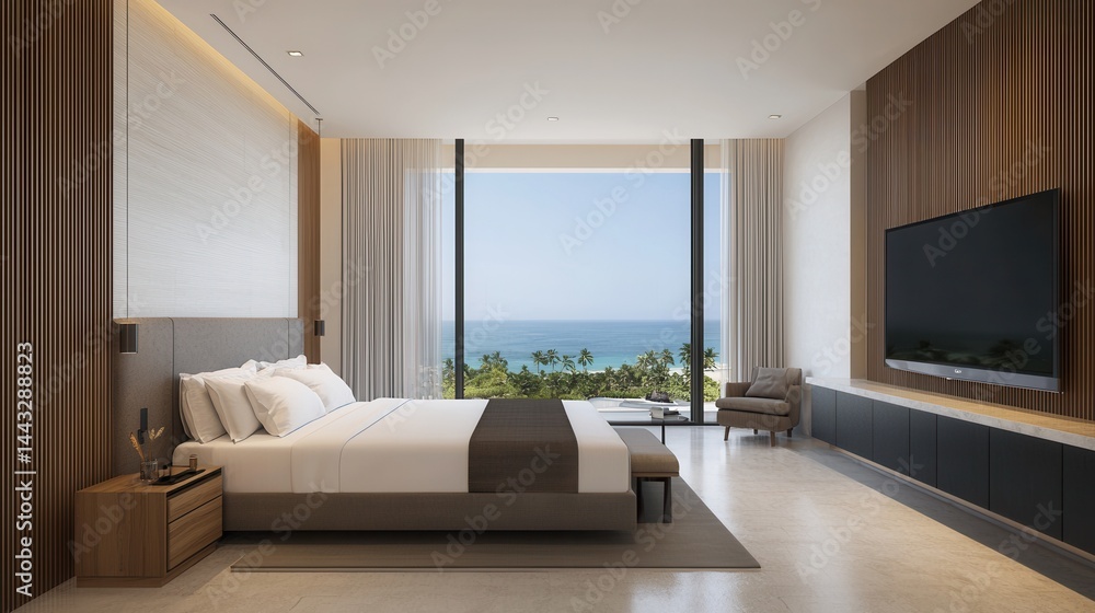 Fototapeta premium Modern Coastal Bedroom with Ocean View and Elegant Interior Design