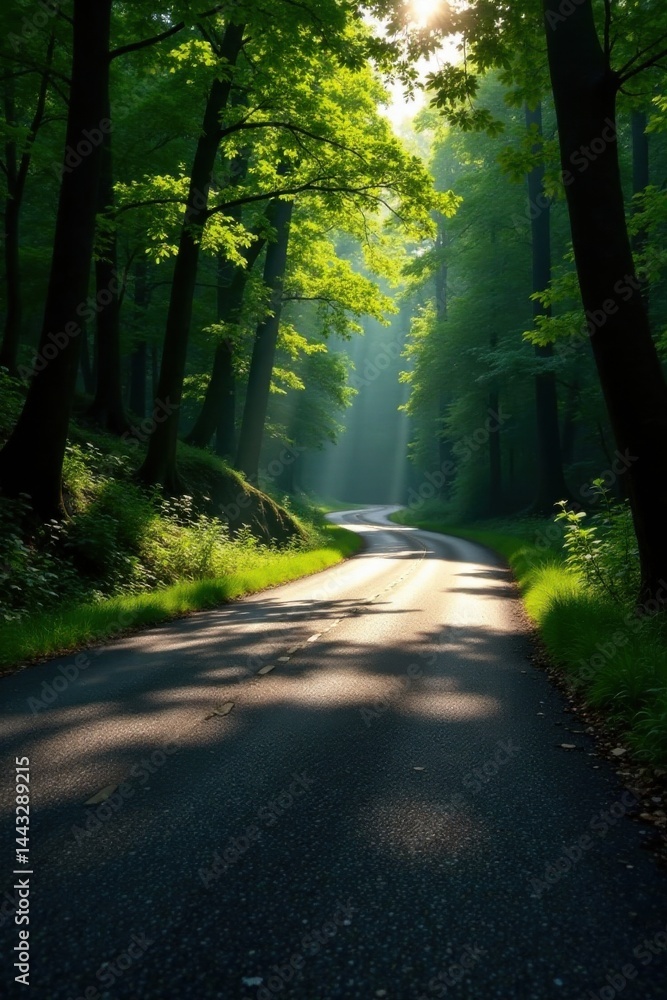 Obraz premium Sunlit Path Through a Lush Green Canopy of Trees on a Winding Road