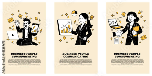 Vector illustration of business communication, man on video call, woman presenting charts, and woman shaking hands, all in a clean, modern corporate cartoon style.
