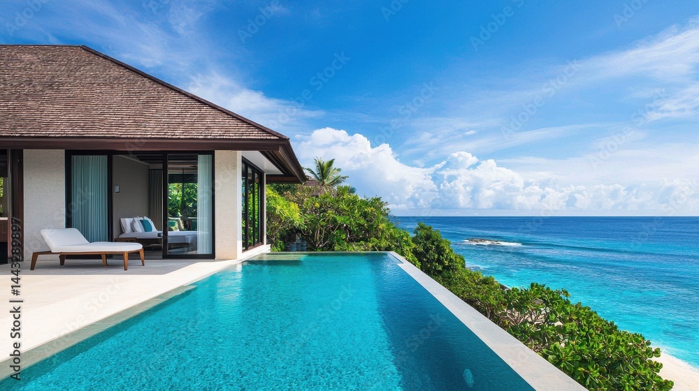 Fototapeta premium Serene Villa with Infinity Pool Overlooking Turquoise Ocean Water