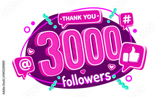 Thank you 3000 followers, peoples online social group, happy banner celebrate, Vector illustration