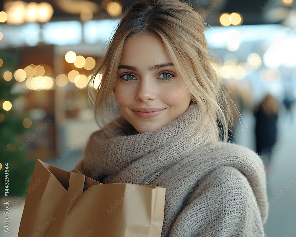 Woman smiles, holding shopping bag