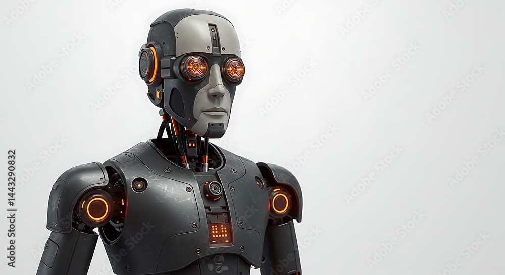 Detailed futuristic humanoid robot with illuminated orange circular eyes and mechanical joints, featuring a sleek black and gray metallic body on a light background. Detailed futuristic humanoid robot with illuminated orange circular eyes and mechanical joints, featuring a sleek black and gray metallic body on a light background.
