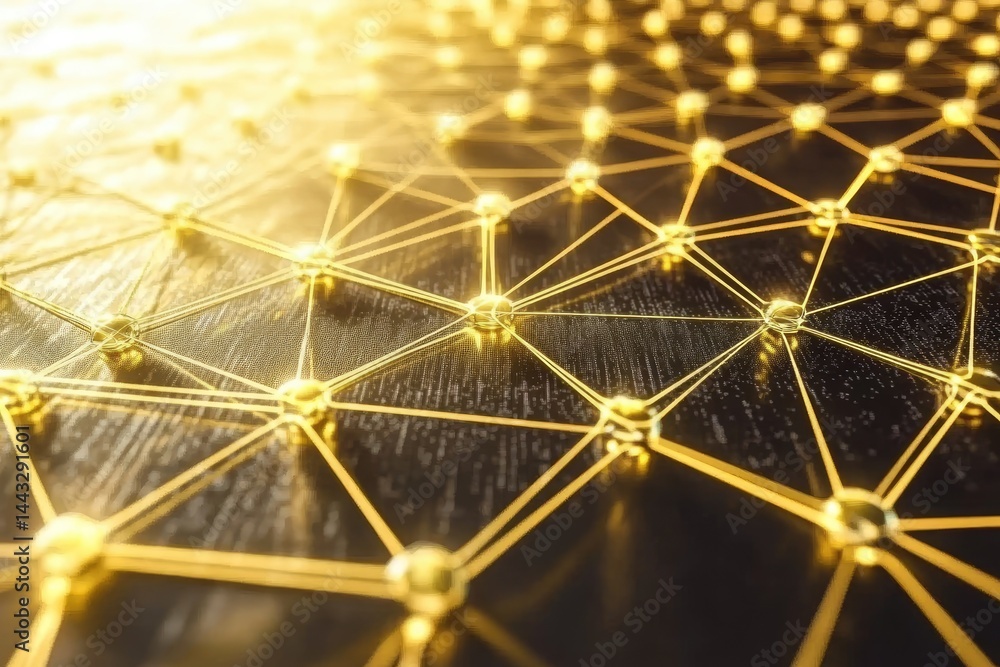 Golden network of interconnected nodes on a dark background, illuminated by a light source Detailed, intricate, and luminous connections Golden network of interconnected nodes on a dark background, illuminated by a light source Detailed, intricate, and luminous connections