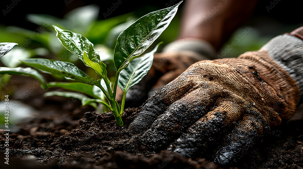 Close-up of hands planting a young seedling, showcasing the detail of soil and leaves. Close-up of hands planting a young seedling, showcasing the detail of soil and leaves.