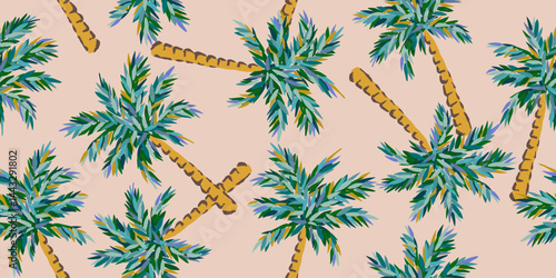 Tropical pattern with freehand drawn palm trees. Hawaiian summer background. Coconut tree print for fabric, textiles, packaging, cover, poster, banner, wallpaper, interior. Vector illustration.