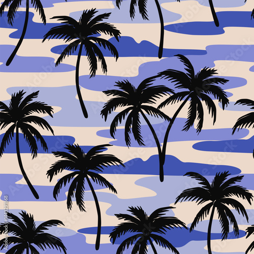 Tropical pattern with freehand drawn palm trees. Hawaiian summer background. Coconut tree print for fabric, textiles, packaging, cover, poster, banner, wallpaper, interior. Vector illustration.