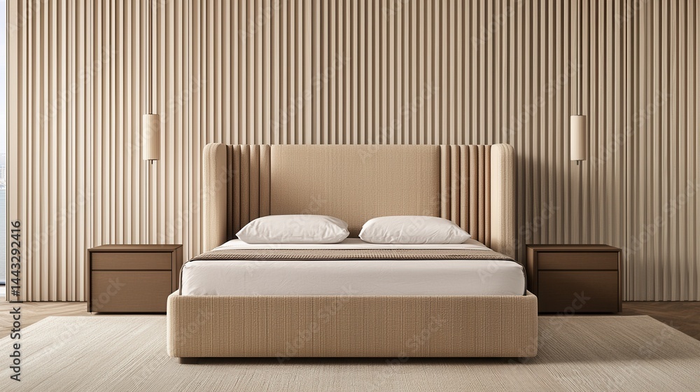 Modern Minimalist Bedroom with Textured Walls and Soft Lighting Modern Minimalist Bedroom with Textured Walls and Soft Lighting