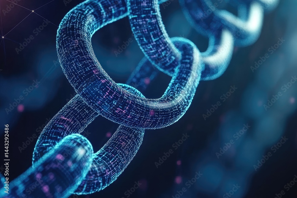 Digital chain link, glowing blue, interconnected data points Abstract representation of blockchain technology Digital chain link, glowing blue, interconnected data points Abstract representation of blockchain technology