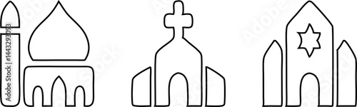 Church, Mosque, synagogue outline vector icons, religion and culture, set with minimalist design for digital and print projects.