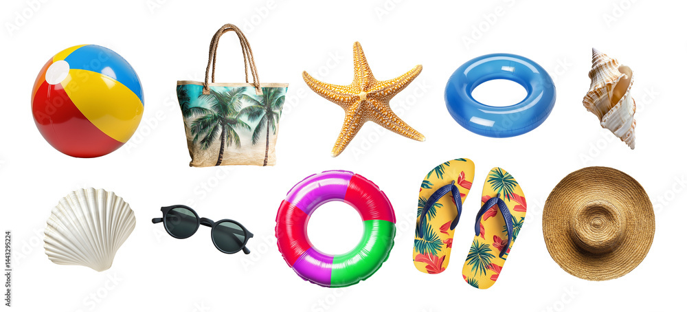 Collection set of colorful summer and beach accessories including beach ball,swimming ring,hat and bag, sunglasses,flipflops and seashells isolated on white or transparent background, png cut out