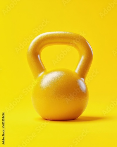 A vibrant yellow kettlebell against a solid yellow backdrop, symbolizing fitness and strength.