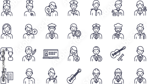 Profession line icon set. Vector pictograms of doctor, engineer, firefighter, teacher, scientist, lawyer, mechanic, artist job occupations 
