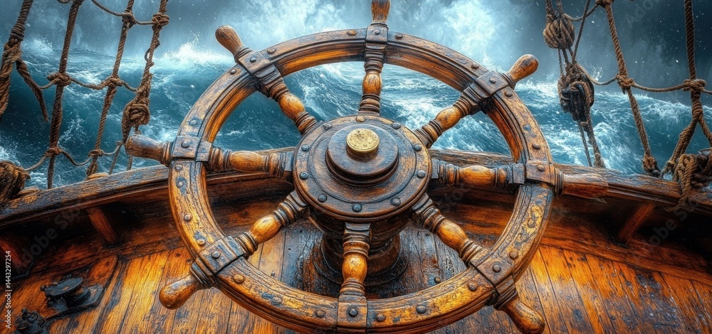 Obraz premium Navigating the Storm: A weathered Ship's Wheel Braving Tempestuous Seas