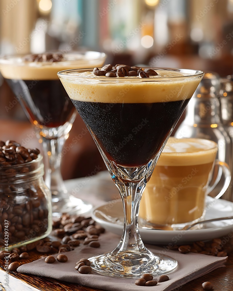 Two espresso martinis with scattered beans, and a latte on a wooden table Two espresso martinis with scattered beans, and a latte on a wooden table