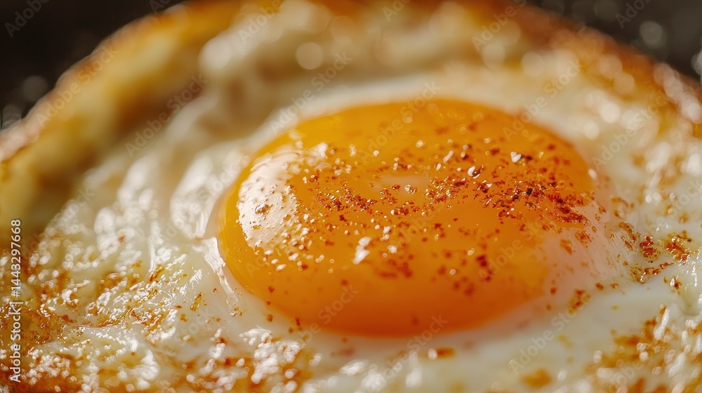 Close-Up of a Fried Egg with Bright Yellow Yolk and Seasoning in a Pan, Capturing Delicious Breakfast Vibes Close-Up of a Fried Egg with Bright Yellow Yolk and Seasoning in a Pan, Capturing Delicious Breakfast Vibes