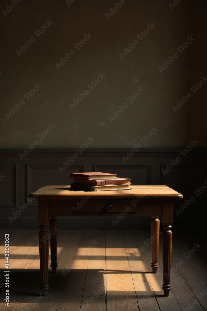 A sunlit wooden table with a stack of antique books rests in a dimly lit room