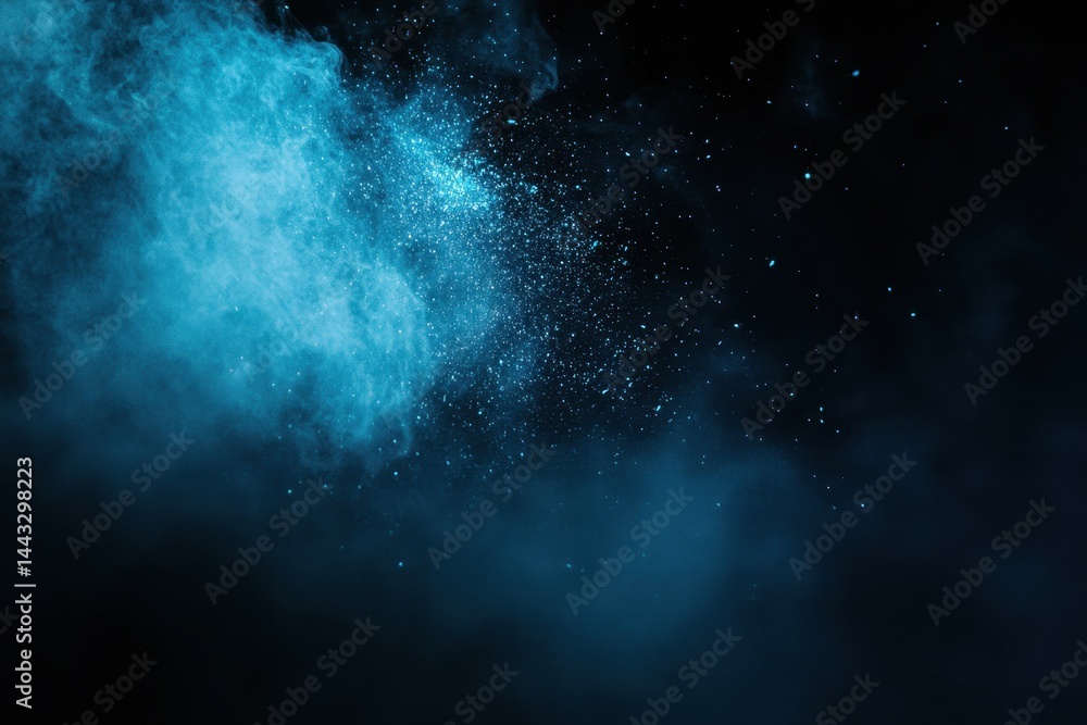 Fototapeta premium Ethereal teal dust explosion against dark backdrop creating a captivating abstract scene for cosmic concept and atmospheric effect with dynamic energy and visual depth