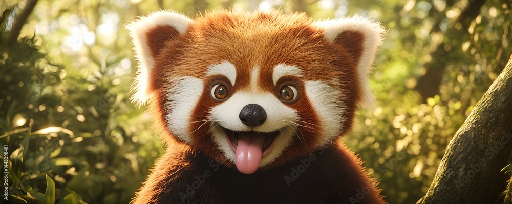 Delightful red panda shows its tongue with a happy expression Delightful red panda shows its tongue with a happy expression