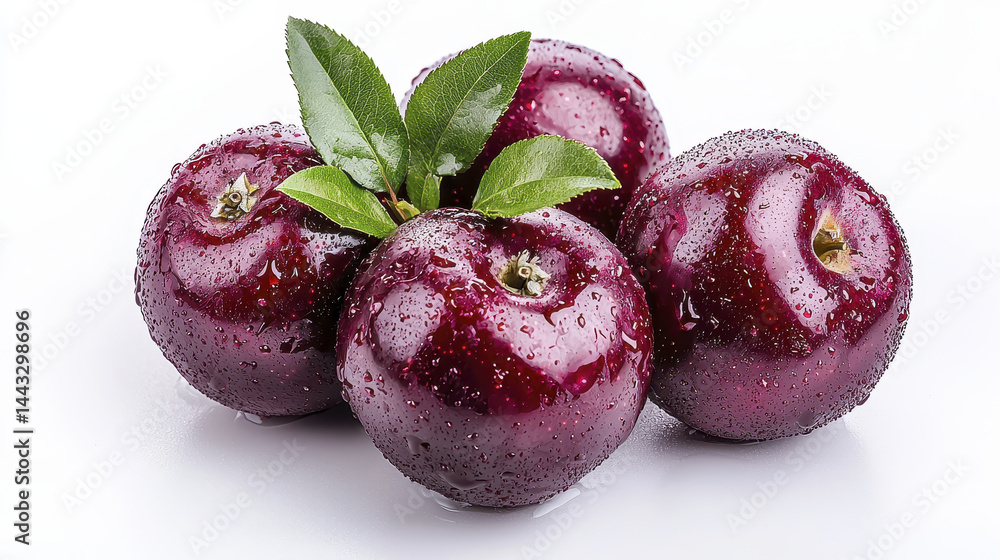 Obraz premium Fresh, juicy apples with droplets of water and green leaves, showcasing vibrant colors and natural beauty