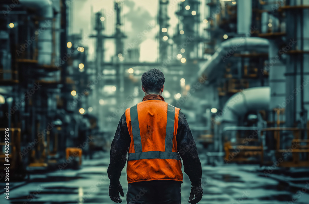 Industrial worker walking alone in safety vest through refinery site in cloudy weather, perfect for energy, industry, safety awareness, labor, and infrastructure themes