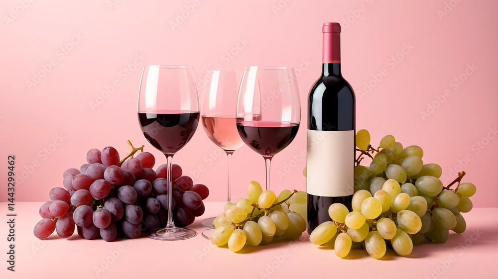 Fototapeta premium Mockup of a red wine bottle, glasses and ripe grapes