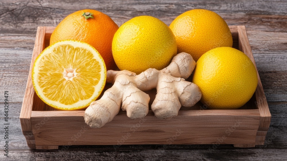 Health, immunity and routine concept. Fresh fruits and ginger in a wooden crate on a rustic background. Health, immunity and routine concept. Fresh fruits and ginger in a wooden crate on a rustic background.