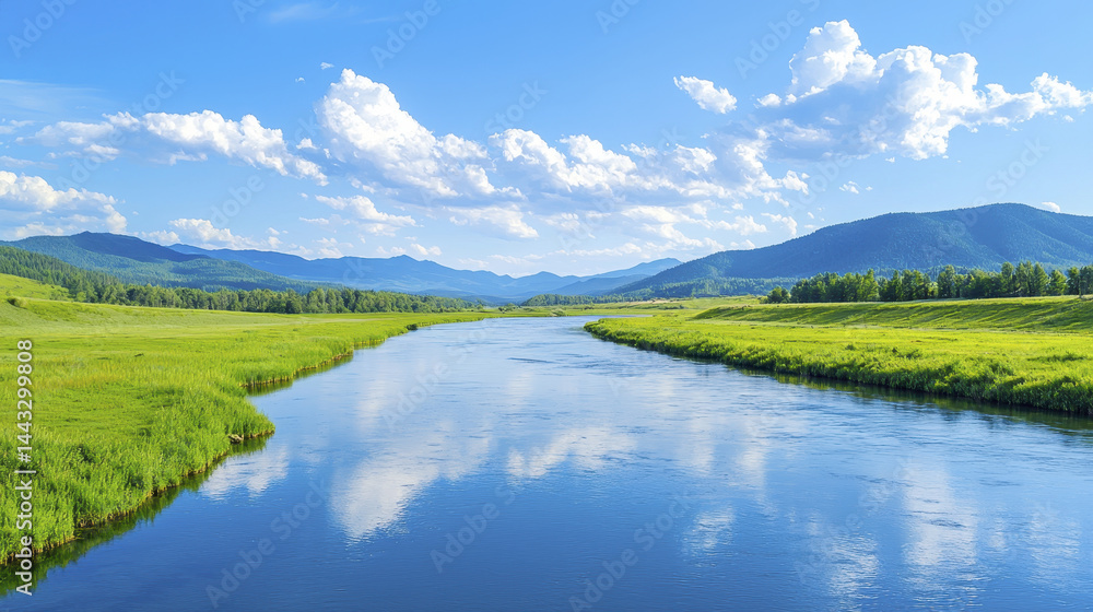 scenic river view with lush green banks, clear blue water reflecting clouds, and mountains in background creates serene atmosphere scenic river view with lush green banks, clear blue water reflecting clouds, and mountains in background creates serene atmosphere