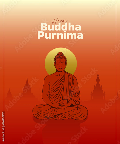 Buddha Purnima, Happy Vesak Day wishes and greetings with the Buddha vector illustration. Can be used for a poster, social media banner, or greeting card design