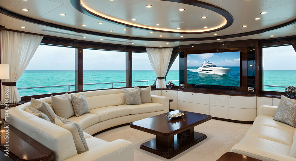 Fototapeta premium Opulent Yacht Interior Featuring Luxurious Seating and Scenic Ocean Views Through Wide Windows in Daylight