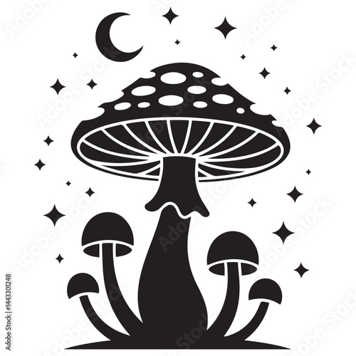 Magic mushroom with moon and stars set. Vector silhouette, black line contour drawing celestial fungus collection. Vector Black silhouettes. with white background