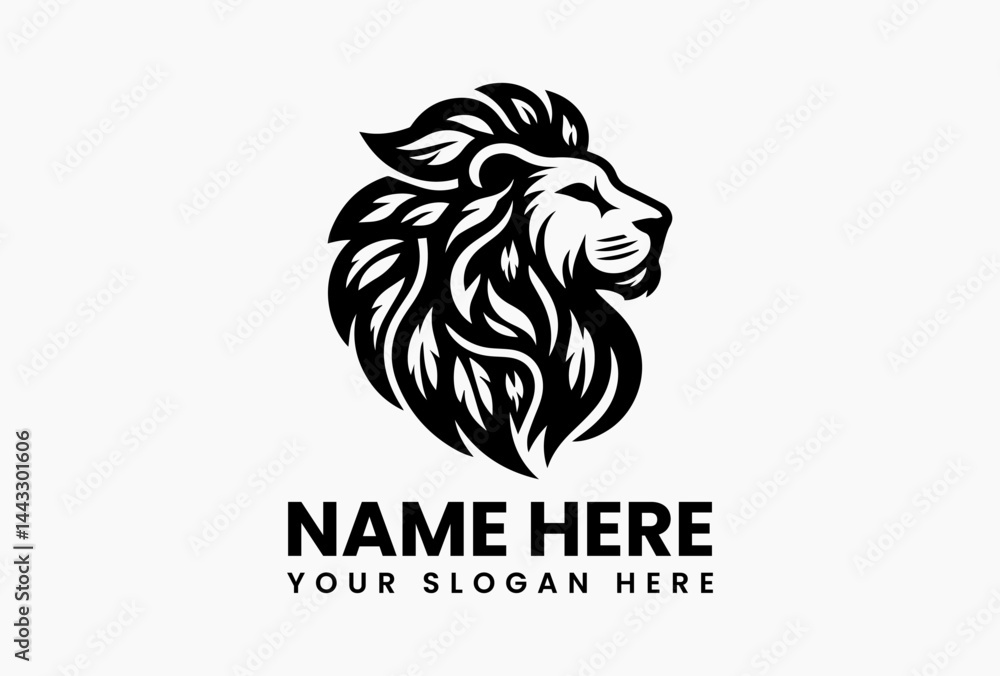 Majestic lion face silhouette with a mane crafted from tropical leaves, eco-conscious wildlife emblem Majestic lion face silhouette with a mane crafted from tropical leaves, eco-conscious wildlife emblem