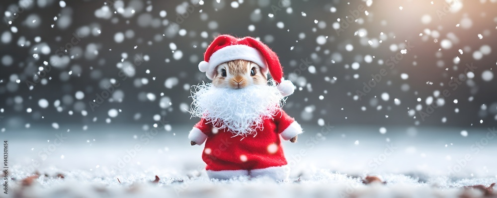 Cute rabbit dressed as santa claus stands in snow Cute rabbit dressed as santa claus stands in snow
