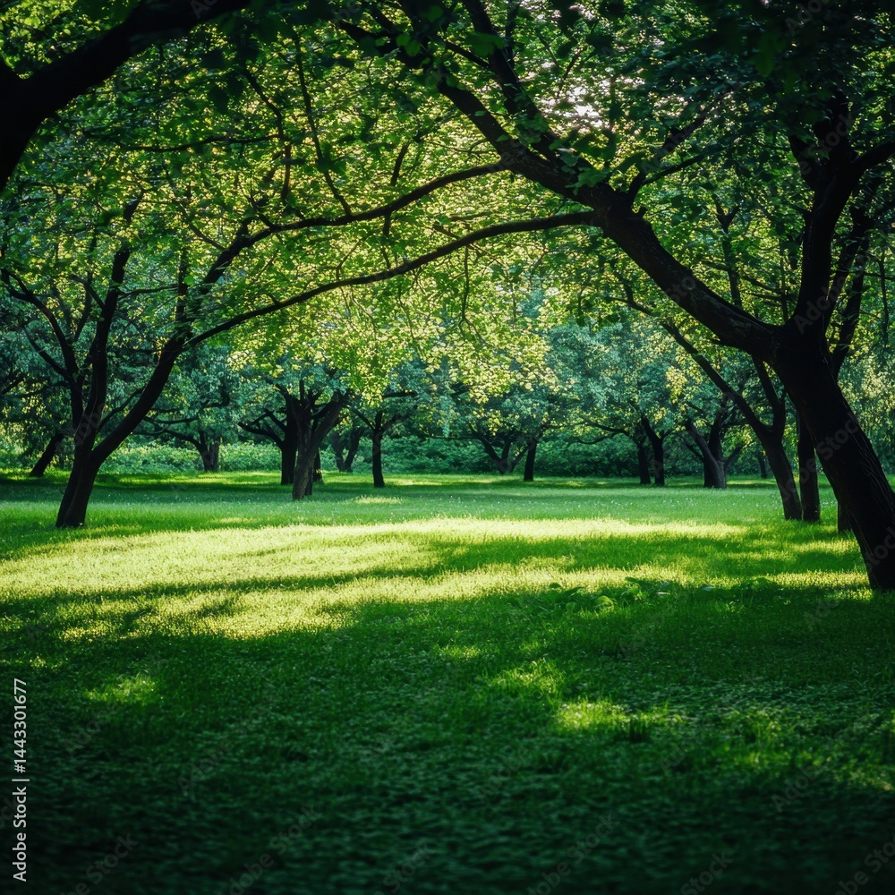 Naklejka premium Serene park scene with lush green grass and dappled sunlight filtering through the trees creating a peaceful and inviting atmosphere in the natural landscape