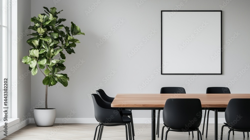 Modern conference room with empty wall space, stylish furniture, and decorative plant in minimalist interior design Modern conference room with empty wall space, stylish furniture, and decorative plant in minimalist interior design