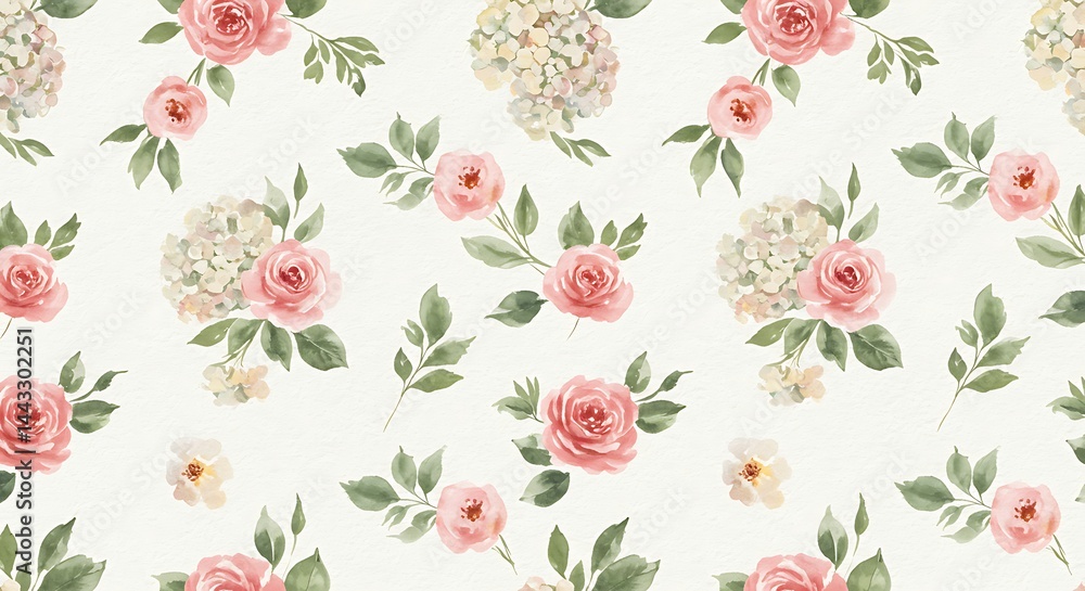 custom made wallpaper toronto digitalWatercolor Roses & Hydrangeas Repeating Pattern on Off-White Paper: Elegant Floral Background for Delicate Feminine Designs, Wedding Stationery, Invitations and Romantic Textile Prints