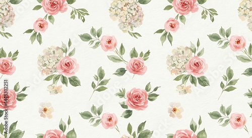 Wallpaper Mural Watercolor Roses & Hydrangeas Repeating Pattern on Off-White Paper: Elegant Floral Background for Delicate Feminine Designs, Wedding Stationery, Invitations and Romantic Textile Prints Torontodigital.ca