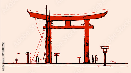 Japanese torii gate, flat design    -  