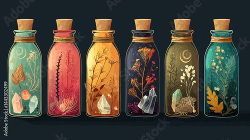 Magic potion bottle vector, vintage witch alchemy set with crystals and plants, Halloween potion collection   -  