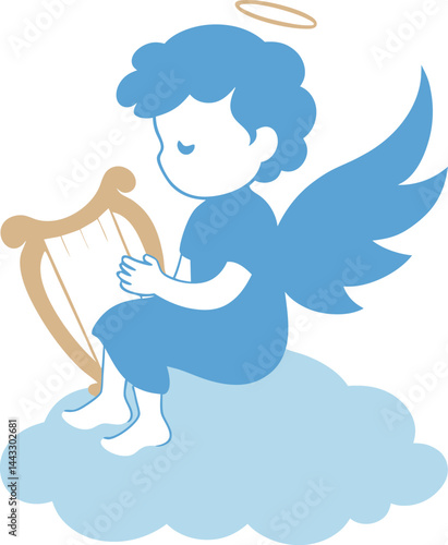 child angel holding a harp sitting on a cloud innocent and soft design
