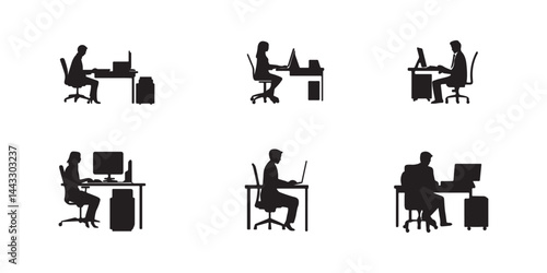 Modern Workspace Silhouettes: A series of six minimalist silhouettes captures the essence of modern office life, showcasing individuals engaged in focused work at their desks, embodying productivity.