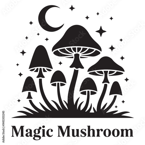 Magic mushroom with moon and stars set. Vector silhouette, black line contour drawing celestial fungus collection. Vector Black silhouettes. with white background