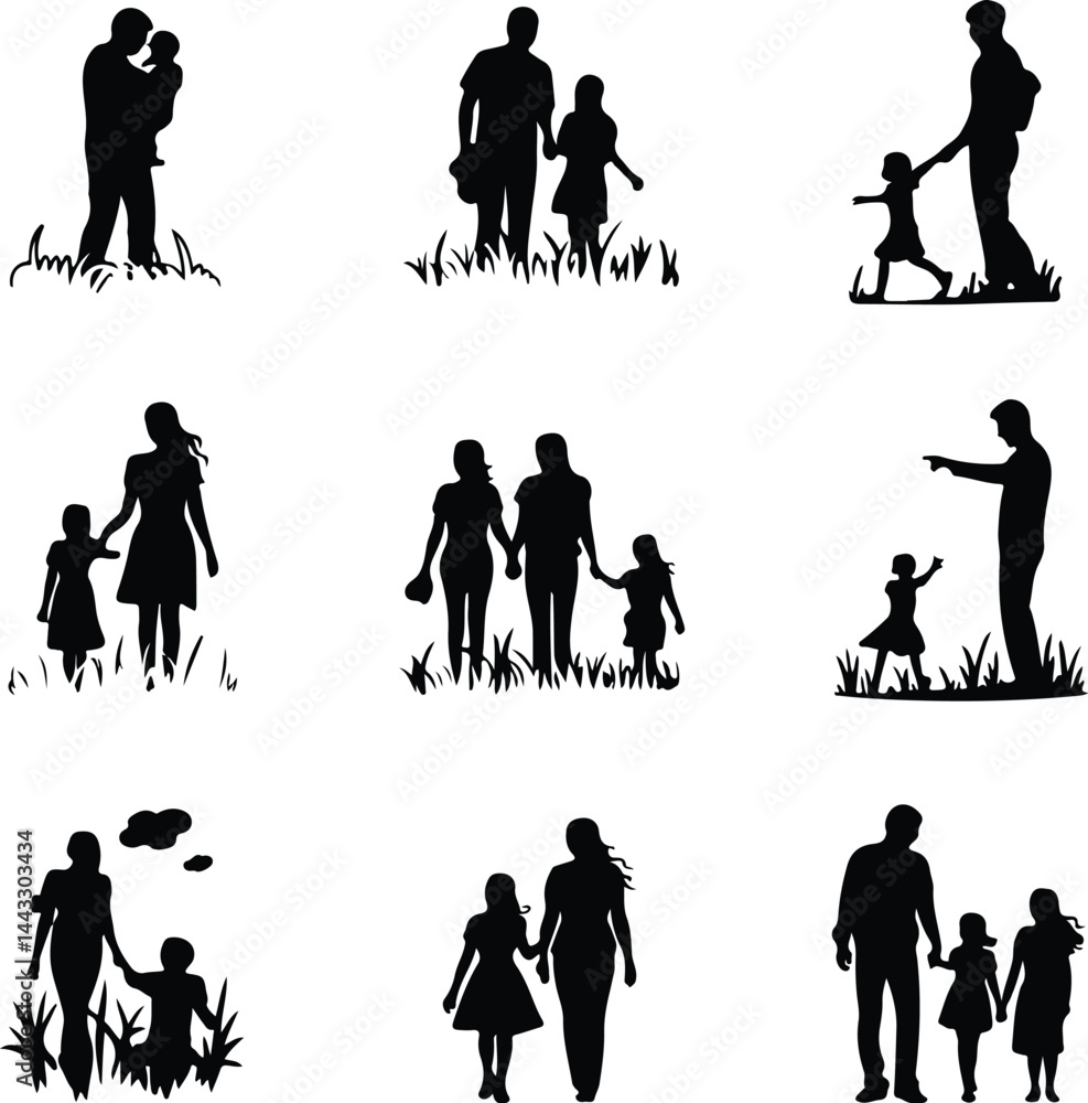 Obraz premium Family Men Silhouette Set | Father and Male Figures Vector Icons Man with Family Silhouette | Fatherhood Vector Illustration Pack