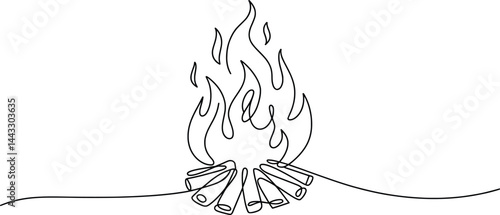 Campfire Line Drawing, Minimal Wood Fire Illustration in Continuous Line Art.