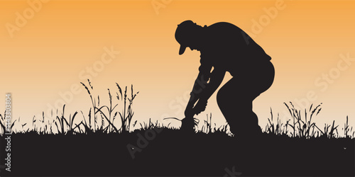 Planting in Silhouette: A solitary figure plants a sapling in a field, framed by the warm glow of the sun setting or rising, representing the themes of renewal and growth.