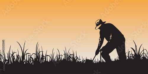 Silhouette of the Field Worker: A lone field worker diligently toils under the warm hues of dawn, his silhouette a symbol of hard work and the quiet start to a new day.